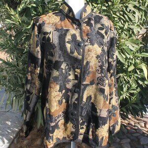 Mandarin Floral Reversible Jacket Woman Size Large Black & Tan Button Front